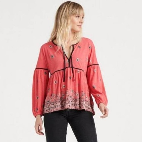 Lucky Brand Coral Pink Floral Peasant Top - Picture 1 of 14